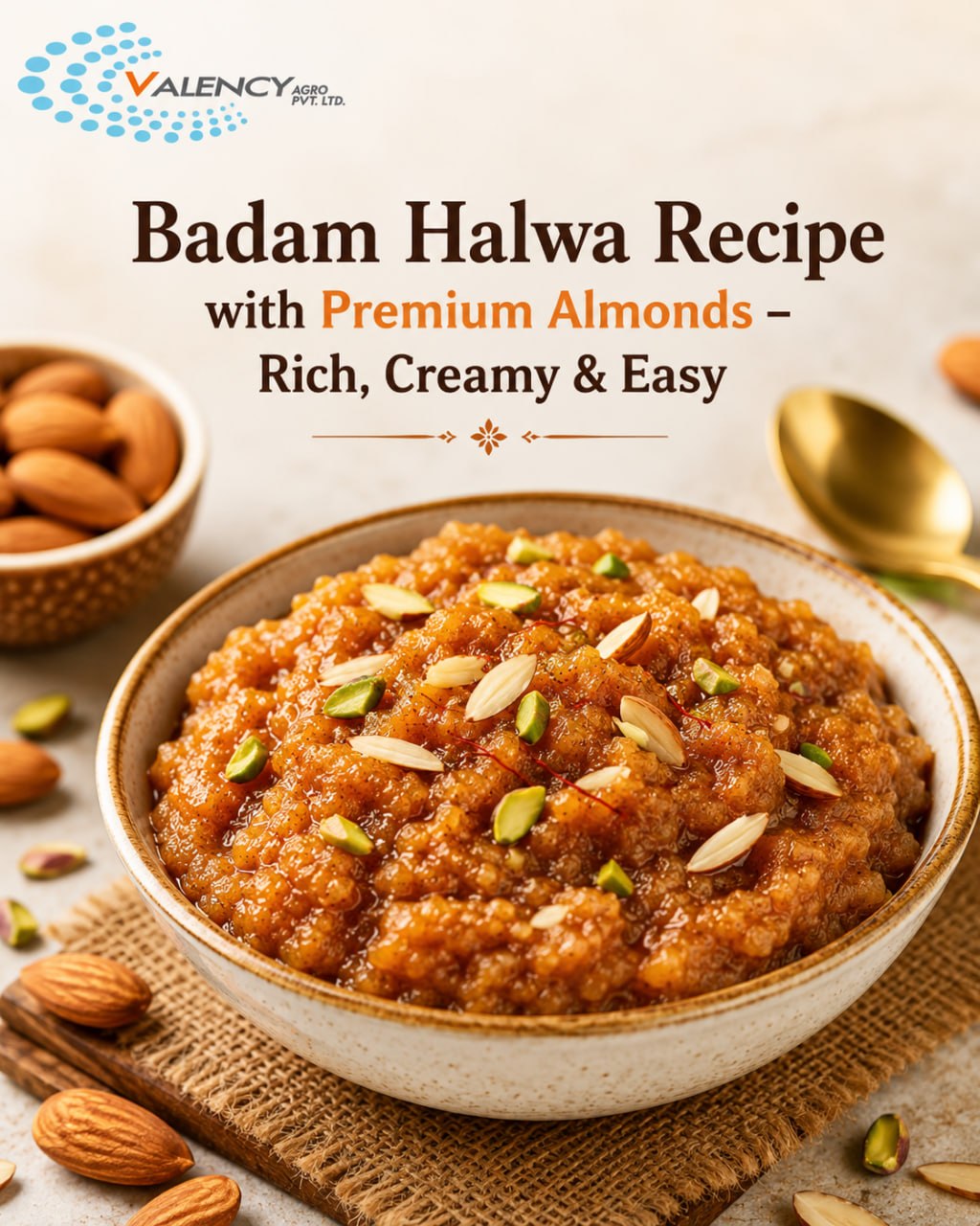 Rich and creamy Badam Halwa made with premium almonds, ghee, milk, and saffron, garnished with chopped almonds and pistachios